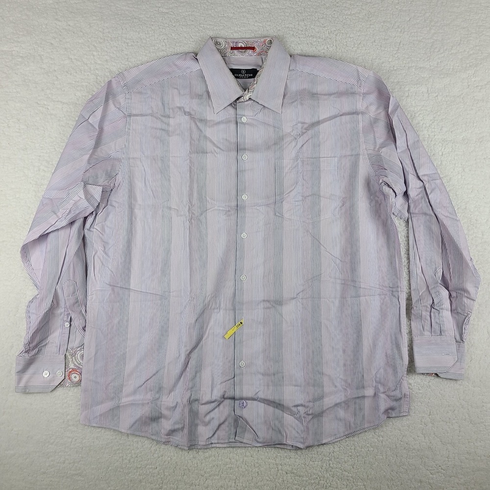 Bugatchi Uomo Dress Shirt Mens 2XL XXL Purple White Striped Cotton Button Up